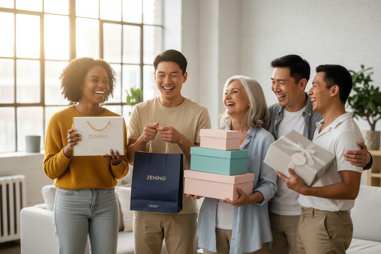 imagen de personas felices con sus productos y con el logo de zenino en los paquetes